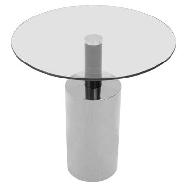 Clear Glass Top Side Table With Silver Steel Base & Black Column, Oria
