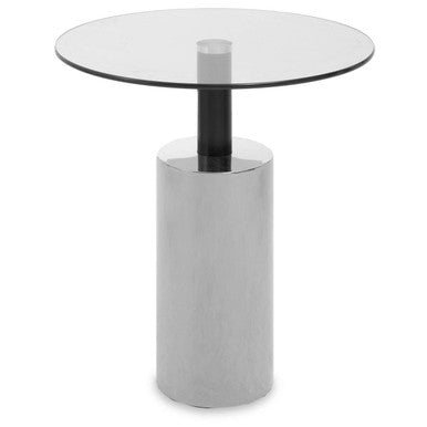 Clear Glass Top Side Table With Silver Steel Base & Black Column, Oria