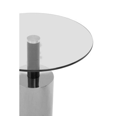 Clear Glass Top Side Table With Silver Steel Base & Black Column, Oria