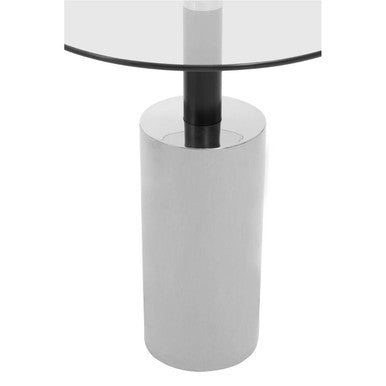 Clear Glass Top Side Table With Silver Steel Base & Black Column, Oria