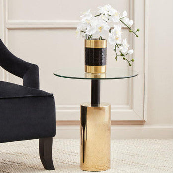 Clear Glass Top Side Table With Gold Steel Base & Black Centre Support, Oria