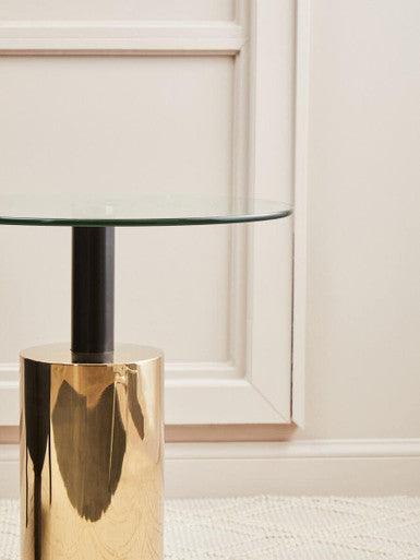 Clear Glass Top Side Table With Gold Steel Base & Black Centre Support, Oria