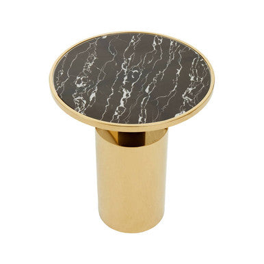 Black Marble Glass Top Side Table With Gold Finished Base, Oria