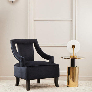 Black Marble Glass Top Side Table With Gold Finished Base, Oria