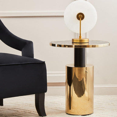 Black Marble Glass Top Side Table With Gold Finished Base, Oria