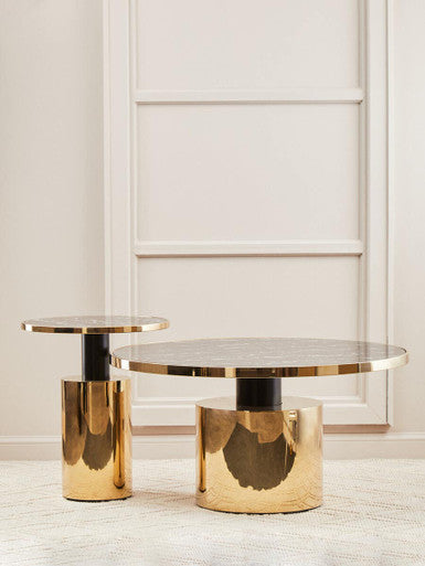 Black Marble Glass Top Side Table With Gold Finished Base, Oria