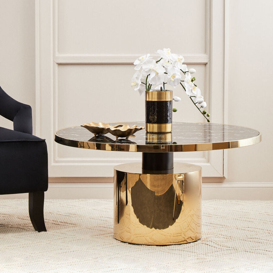 Black Marble Glass Top Coffee Table With Gold Base, Oria