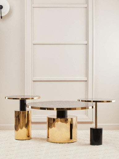 Black Marble Glass Top Coffee Table With Gold Base, Oria