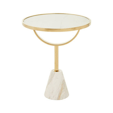 White Glass Top Side Table With Gold Metal Column & White Marble Base, Oria