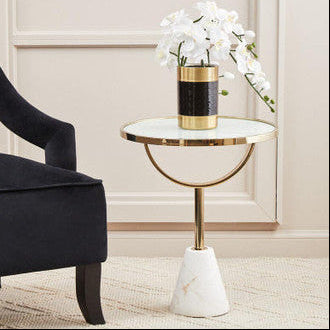 White Glass Top Side Table With Gold Metal Column & White Marble Base, Oria