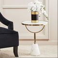 White Glass Top Side Table With Gold Metal Column & White Marble Base, Oria