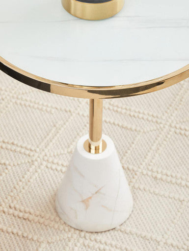 White Glass Top Side Table With Gold Metal Column & White Marble Base, Oria
