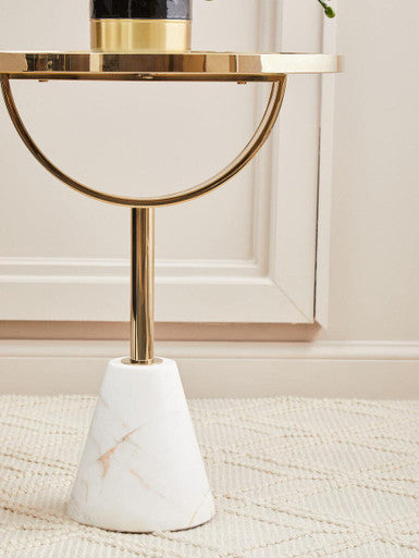 White Glass Top Side Table With Gold Metal Column & White Marble Base, Oria