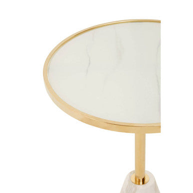 White Glass Top Side Table With Gold Metal Column & White Marble Base, Oria