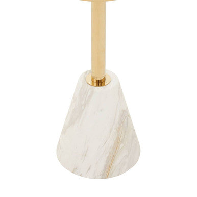 White Glass Top Side Table With Gold Metal Column & White Marble Base, Oria