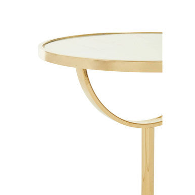 White Glass Top Side Table With Gold Metal Column & White Marble Base, Oria