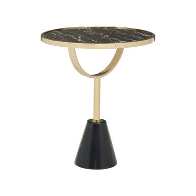 Black Glass Top Side Table With Gold Metal Column & Black Marble Base, Oria