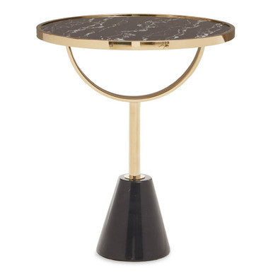Black Glass Top Side Table With Gold Metal Column & Black Marble Base, Oria