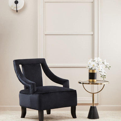 Black Glass Top Side Table With Gold Metal Column & Black Marble Base, Oria