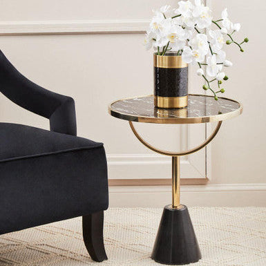 Black Glass Top Side Table With Gold Metal Column & Black Marble Base, Oria