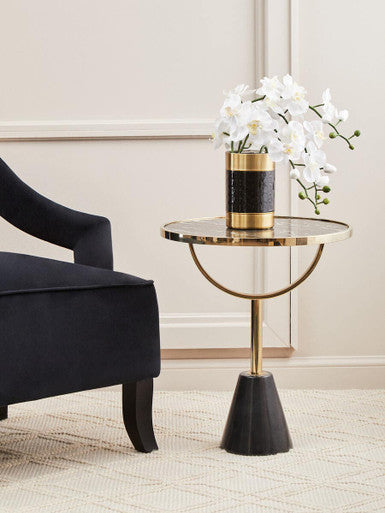 Black Glass Top Side Table With Gold Metal Column & Black Marble Base, Oria