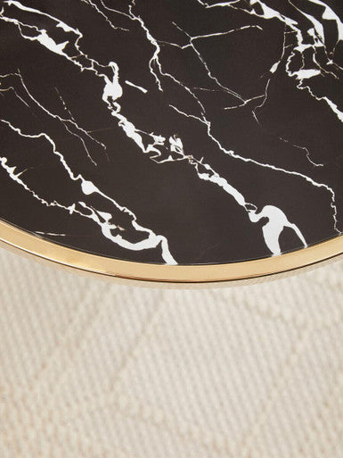 Black Glass Top Side Table With Gold Metal Column & Black Marble Base, Oria