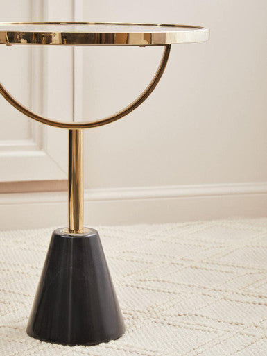 Black Glass Top Side Table With Gold Metal Column & Black Marble Base, Oria