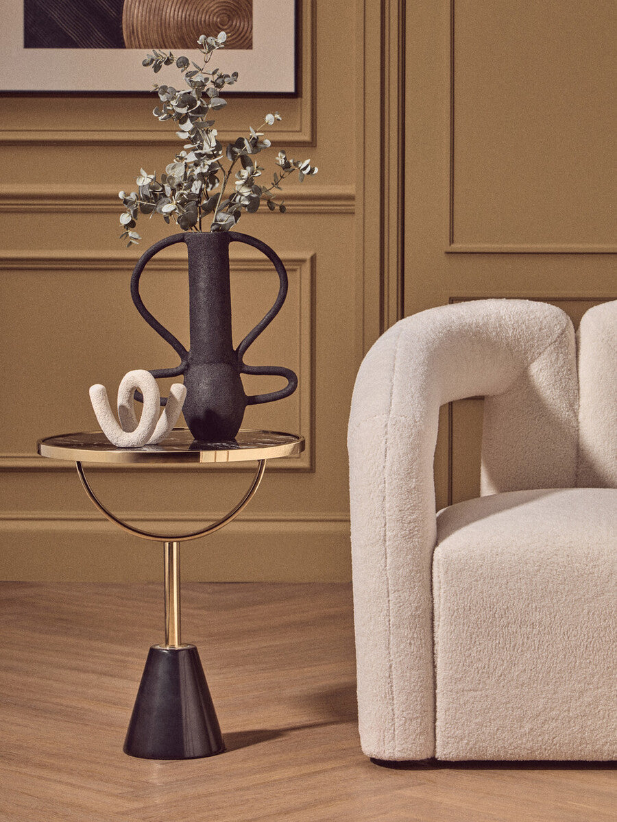 Black Glass Top Side Table With Gold Metal Column & Black Marble Base, Oria