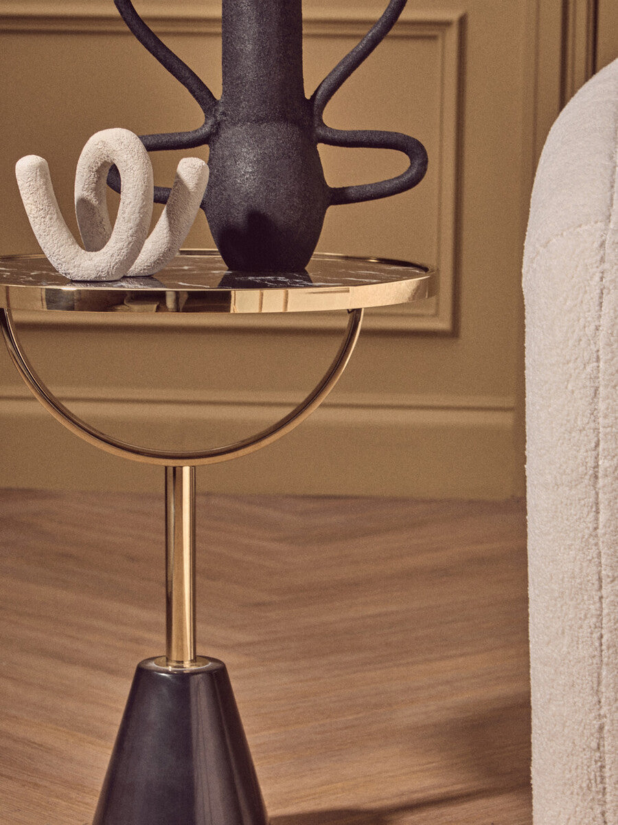 Black Glass Top Side Table With Gold Metal Column & Black Marble Base, Oria