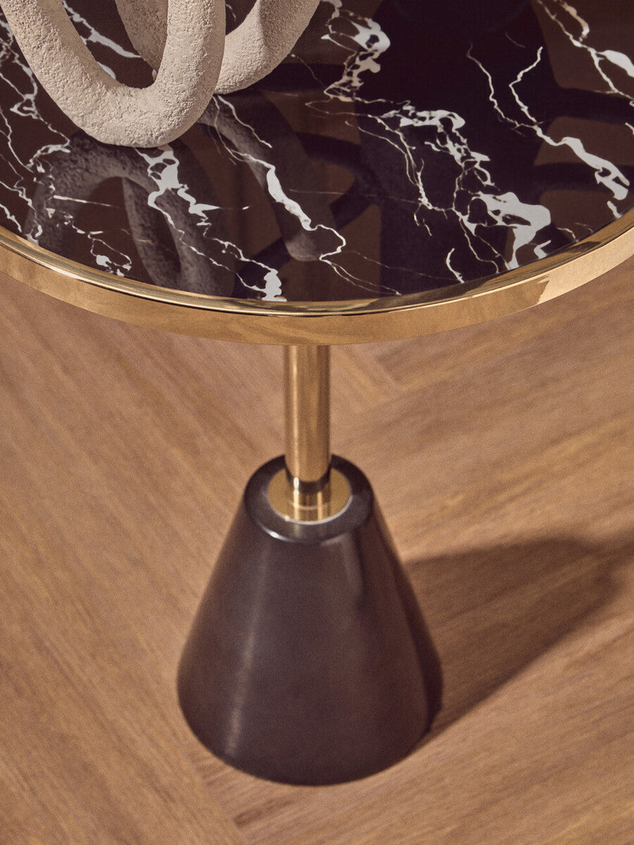 Black Glass Top Side Table With Gold Metal Column & Black Marble Base, Oria
