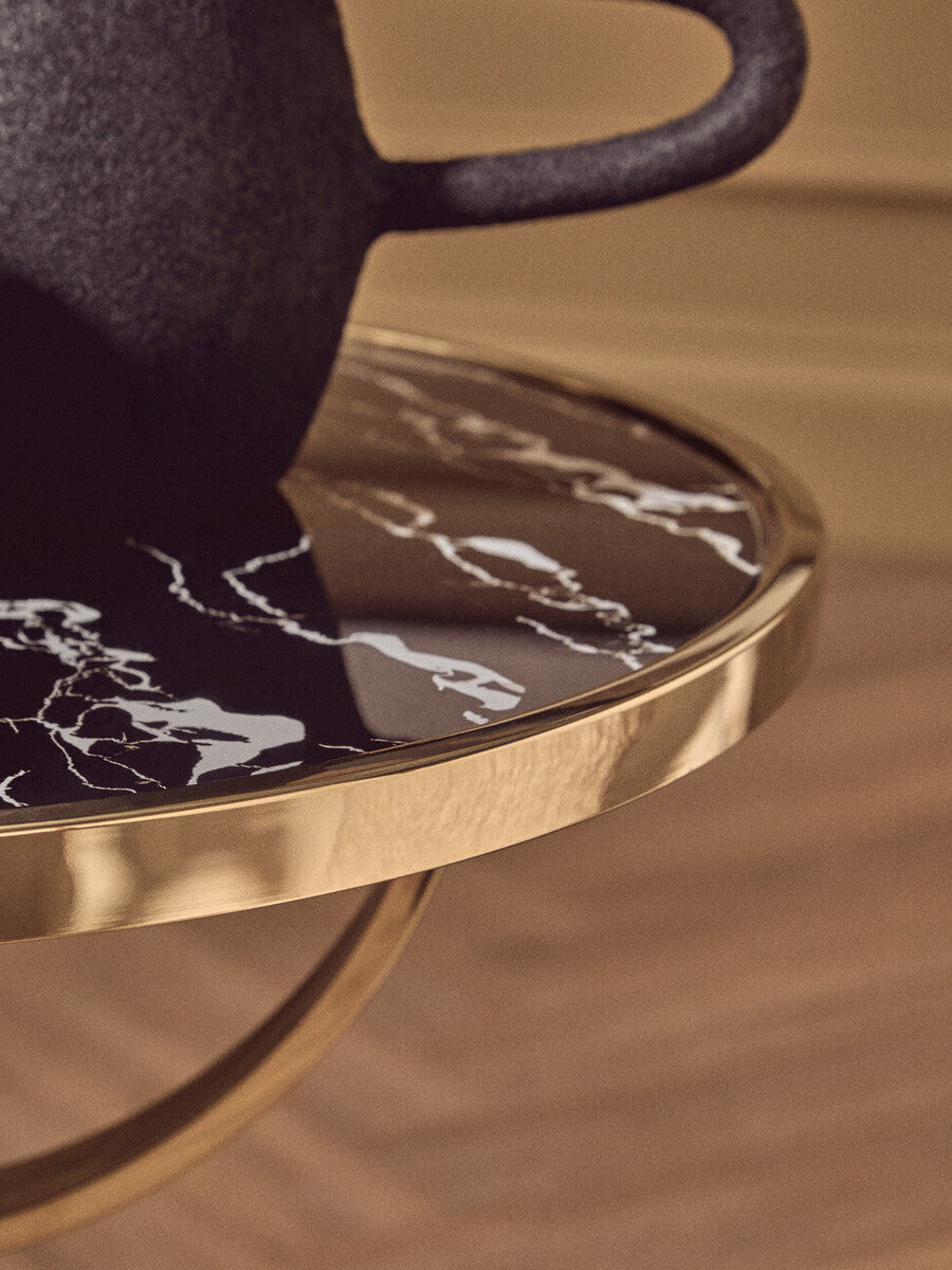 Black Glass Top Side Table With Gold Metal Column & Black Marble Base, Oria