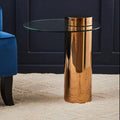 Clear Round Glass Side Table With Tall Rose Gold Standing Base, Oria