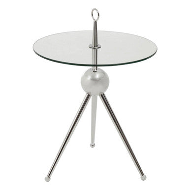 Clear Glass Top Side Table With Silver Stainless Steel Tripod Frame, Oria