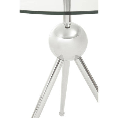 Clear Glass Top Side Table With Silver Stainless Steel Tripod Frame, Oria