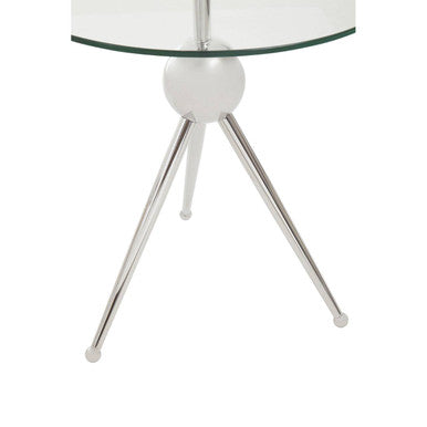 Clear Glass Top Side Table With Silver Stainless Steel Tripod Frame, Oria