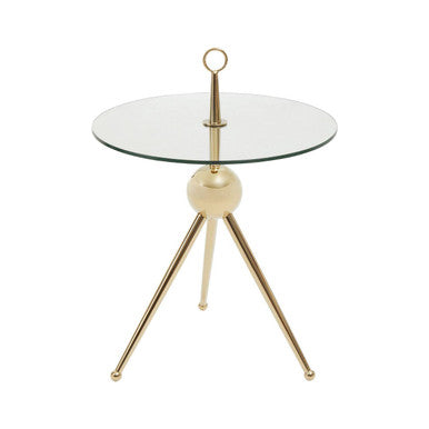Clear Glass Top Side Table With Gold Tripod Metal Frame & Globe Detail, Oria