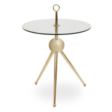 Clear Glass Top Side Table With Gold Tripod Metal Frame & Globe Detail, Oria
