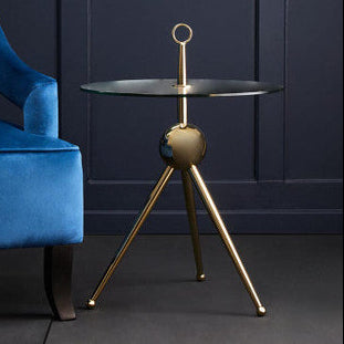 Clear Glass Top Side Table With Gold Tripod Metal Frame & Globe Detail, Oria