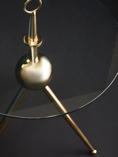 Clear Glass Top Side Table With Gold Tripod Metal Frame & Globe Detail, Oria