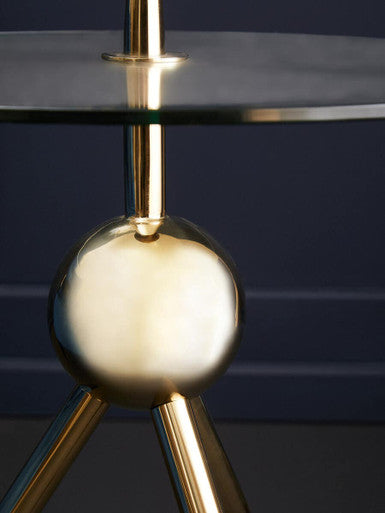 Clear Glass Top Side Table With Gold Tripod Metal Frame & Globe Detail, Oria