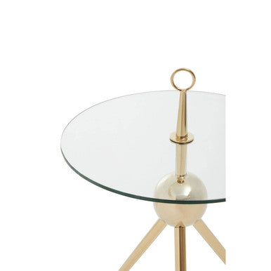 Clear Glass Top Side Table With Gold Tripod Metal Frame & Globe Detail, Oria