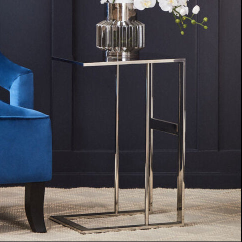 Silver Metal C Shaped Side Table With Sparkling Top, Oria