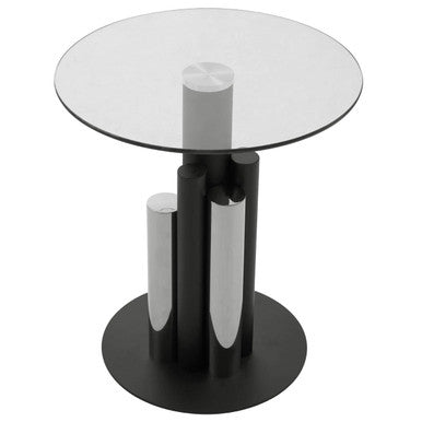 Clear Glass Top Side Table With Black & Silver Five Column Base, Oria