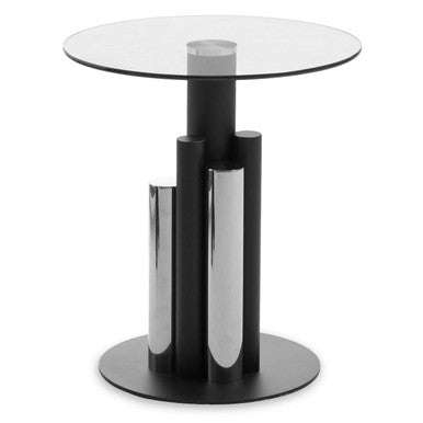 Clear Glass Top Side Table With Black & Silver Five Column Base, Oria