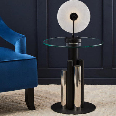 Clear Glass Top Side Table With Black & Silver Five Column Base, Oria