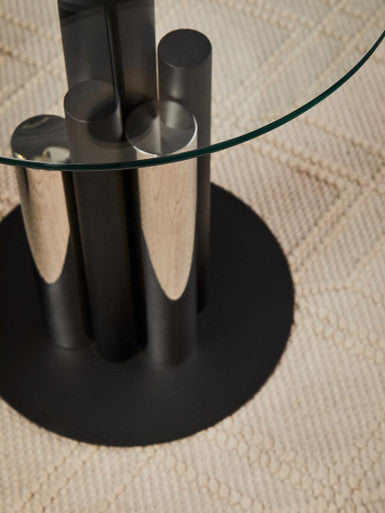 Clear Glass Top Side Table With Black & Silver Five Column Base, Oria