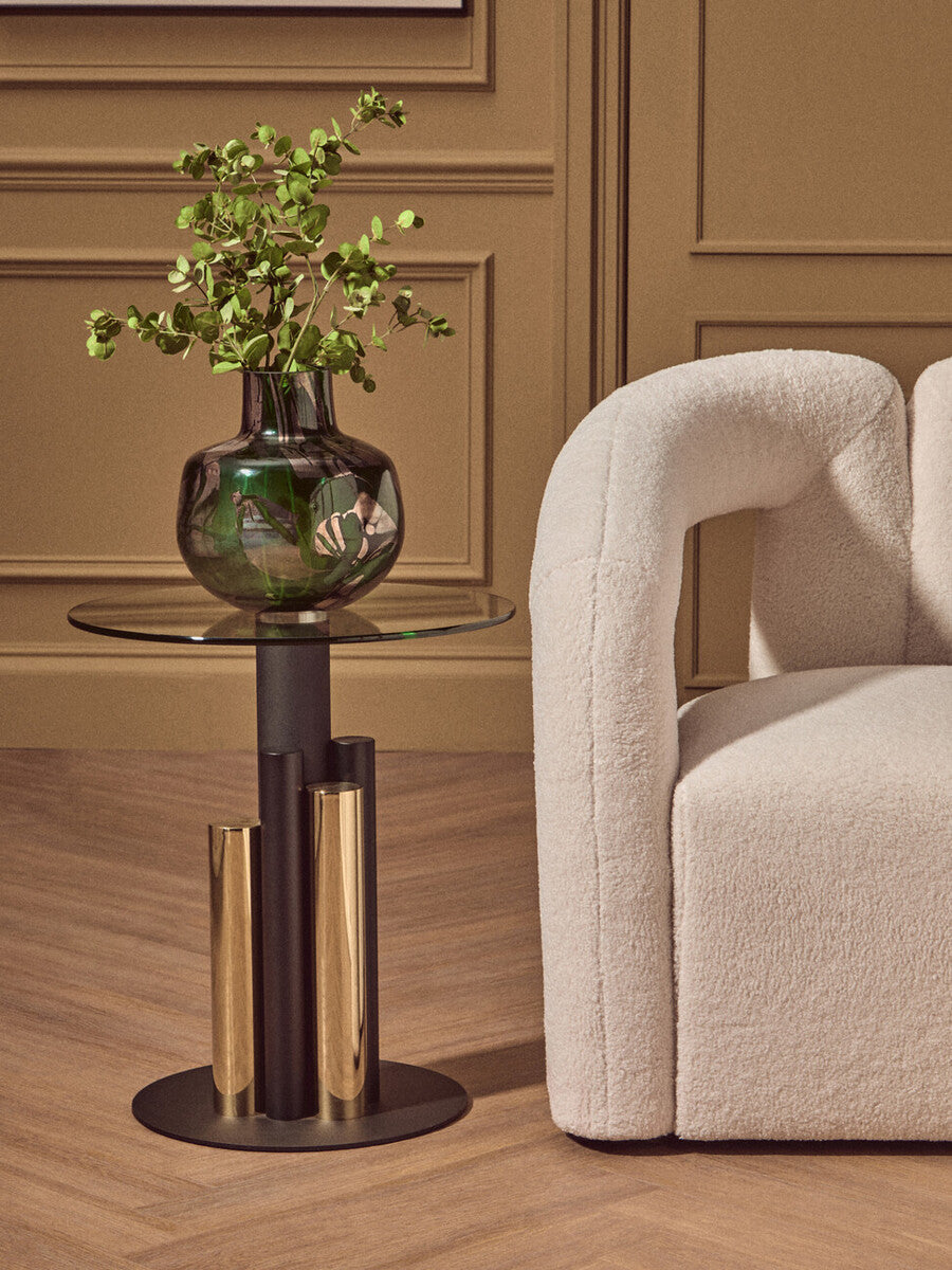 Clear Glass Top Side Table With Black & Gold Column Base, Oria