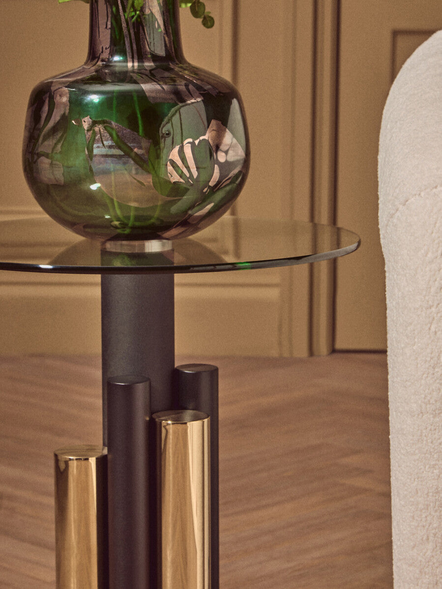 Clear Glass Top Side Table With Black & Gold Column Base, Oria