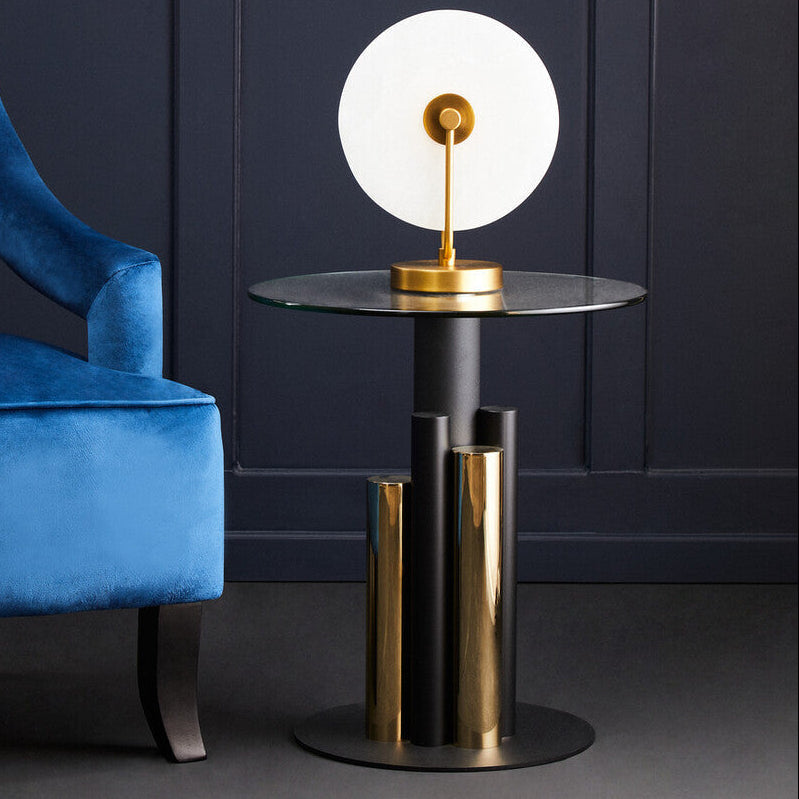 Clear Glass Top Side Table With Black & Gold Column Base, Oria