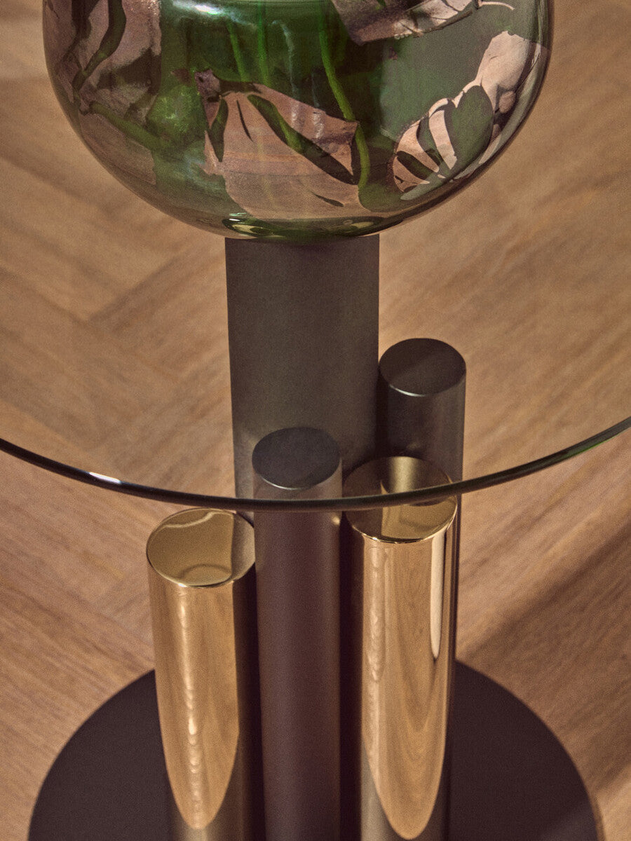 Clear Glass Top Side Table With Black & Gold Column Base, Oria